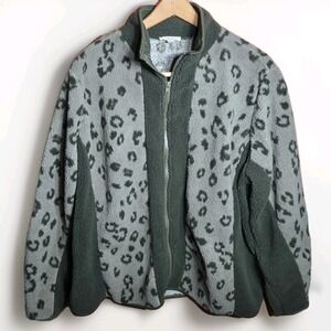 Womens Como Blue Olive Green Animal Print Zip Up Fleece Sweater Jacket Sz 3X